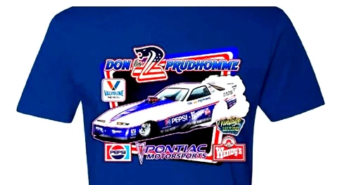 NEW Don THE SNAKE Prudhomme 1984 Pepsi Wendy's Funny Car XL Royal Blue T-Shirt Cover