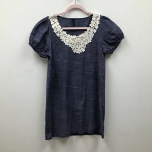 Everly Womens Tunic Top Blue White Short Sleeve Puff Lace Embellished S - Picture 1 of 6