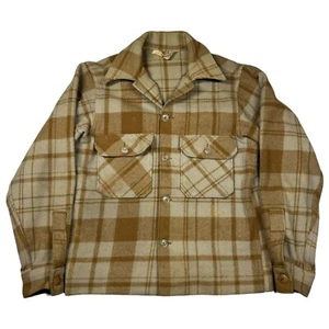 Vintage Woolrich Jacket Shirt Mens Sz 36 Small Plaid Wool Button Up Beige Brown - Picture 1 of 14