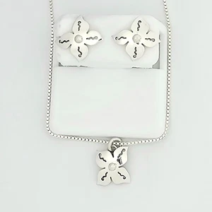 Solid 925 Silver Handmade Petals: Earrings & Pendant Set With 18" Italy Chain - Picture 1 of 7