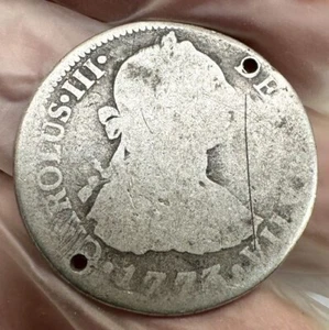 1773 FM Spain 2 Reales Silver Coin, Charles III, Holed, Old Pirate Coin - Picture 1 of 4