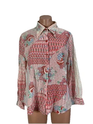 Vintage 60s 70s Psychedelic Nylon Acetate Top/Button Up Peak Collar Set S/M Club - Image 1 of 4