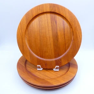 Danish Solid Teak Wood Dinner Charger Plates Round 10.75 inch Set of 4 MCM VTG - Picture 1 of 8