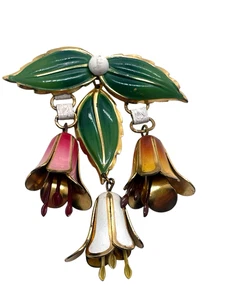 Very Unusual Vintage Enameled Coro Attr., 3 Bell Flower Dangle Figural Brooch - Picture 1 of 2