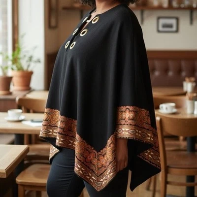 70's Vintage Double Lined Black Wool Cape Paisely Detail Trim Gold Tone Grommets - Image 1 of 4