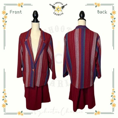 Vintage D.K. Traje Falda Donnkenny Dorado Mujer Talla 18 Rojo Multi Rayas Blazer Foto 1 de 4