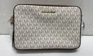 Michael Kors Jet Set 35F8GTTC9B Beige Brown Logo Print Crossbody Purse Bag New - Picture 1 of 6