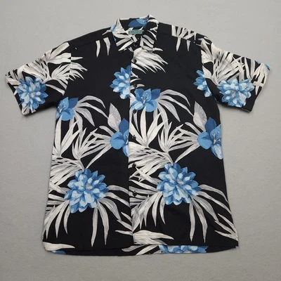 Cubavera 衬衫男式小号黑色白色亚麻混纺夏威夷纽扣花卉 — 第 1/4 张图片