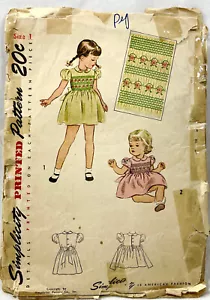 1940s Simplicity Sewing Pattern 1842 Girls Smocked Dress Size 1 Vintage 11425 - Picture 1 of 2