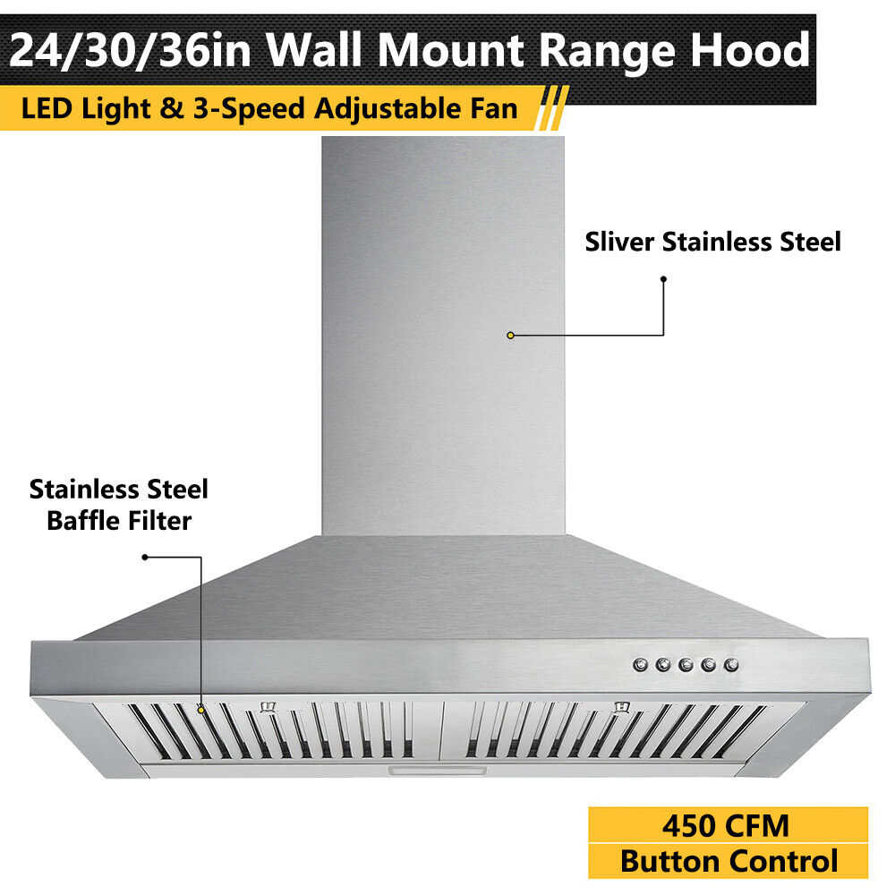 24/30/36 inch Wall Mount Range Hood 450CFM Stove Cooking Fan 3-Speed w/LED NEW