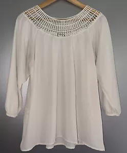 Eyeshadew Women's Lace Yoke Cream Peasant Style Boho Blouse Women's Size Large - Picture 1 of 8
