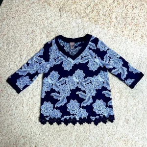 Chico’s Size 2 Dark Blue White Embroidered Women’s V Neck Top - Picture 1 of 5