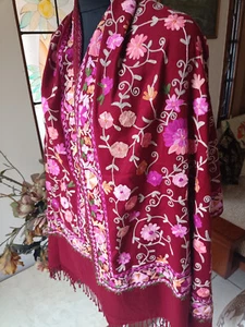 KASHMIR HAND EMBROIDERY CREWEL LARGE maroon Red shawl 100% CASHMERE PASHMINA - Picture 1 of 5