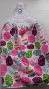 WHITE Crochet Top  COLORFUL EASTER EGG Print POLYESTER Kitchen Towel - Picture 1 of 2