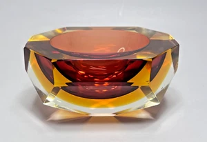 VTG MCM Murano Flavio Poli Sommerso Faceted Amber Glass Ashtray Bowl Mandruzzato - Picture 1 of 11