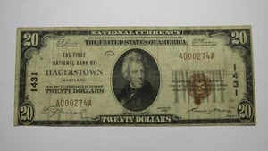 $20 1929 Hagerstown Maryland MD National Currency Bank Note Bill Ch. #1431 FINE - Picture 1 of 3