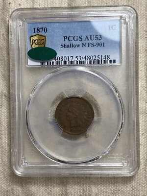1870 Indian Cent AU53 PCGS Shallow N FS-901 CAC Approved Lowest Stickered - Image 1 of 4