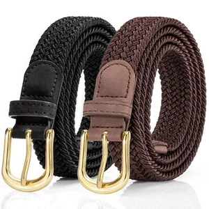 2 Pack Women's Woven Elastic Belt Brown and Black Braided Stretch Belt Fits W... - Picture 1 of 6