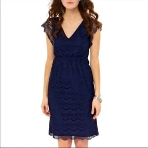 Fossil Penny Lace Dress M Bohemian Cap Sleeve V-Neck Elastic Waist Scallop Navy - Picture 1 of 11