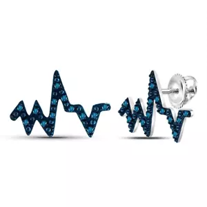 10K White Gold Blue Diamond Earrings Racing Heartbeat Petite Studs .08ct 10.6mm - Picture 1 of 2