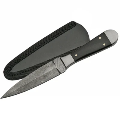 Damascus Steel Dagger 6.5" Overall Double Edge Blade Black Horn Handle + Sheath - Image 1 of 3