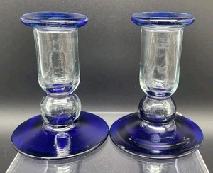 Set of 2 Mexican Hand Blown Glass Cobalt Blue Rim & Base Candle Holders Tapers - Picture 1 of 4