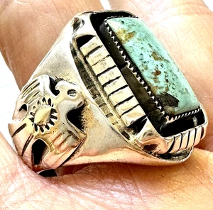 Navajo Thunderbird Turquoise Mens Ring Sz 10.5 Sterling Unsigned David Lopez - Picture 1 of 6