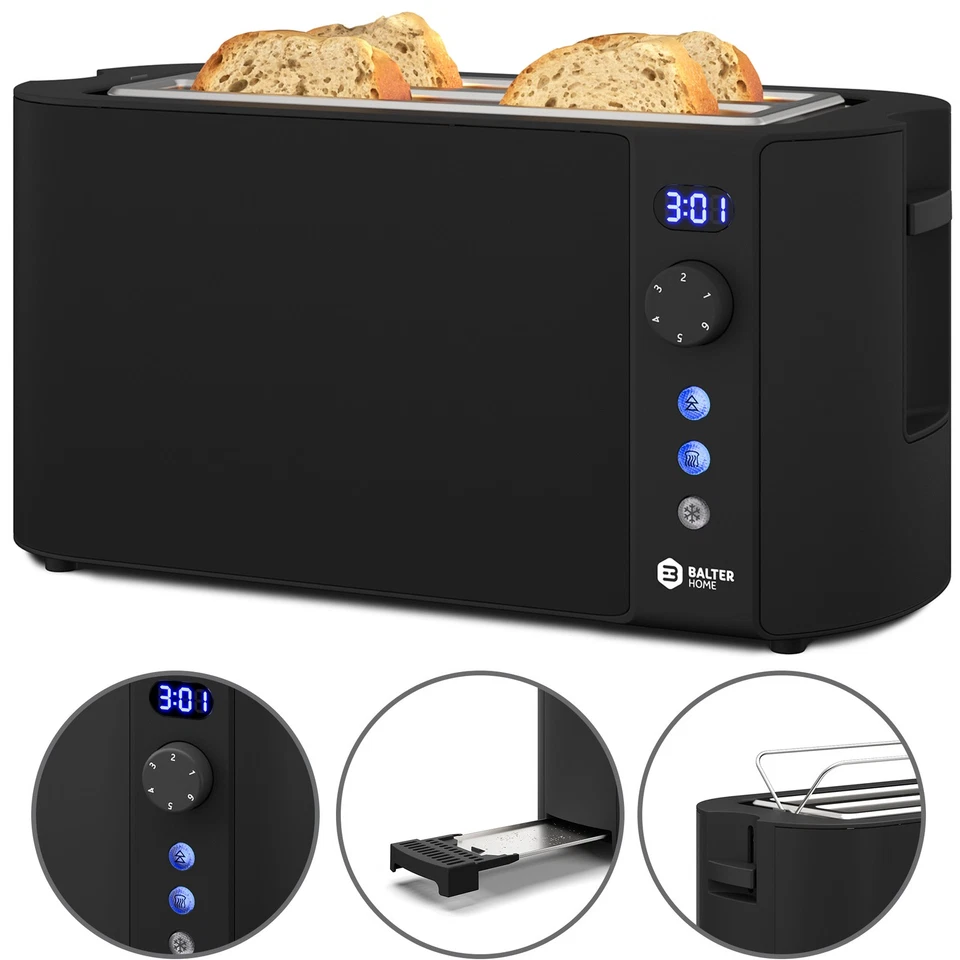 Toaster 4 Scheiben Langschlitz Edelstahl Brötchenaufsatz LCD 1500W Schwarz - Bild 1 von 4