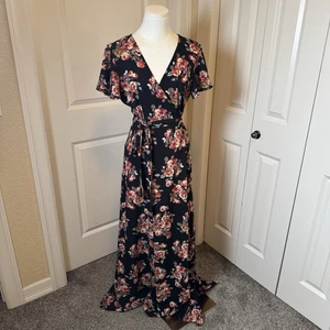 Rokoko Maxi-Wickelkleid mit Blumenmuster Damen Medium rosa und schwarz V-Ausschnitt - Bild 1 von 9