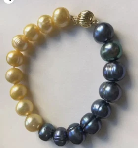 natural 11-10MM SOUTH SEA black & golden PEARL BRACELET 14K CLASP Thread - Picture 1 of 3