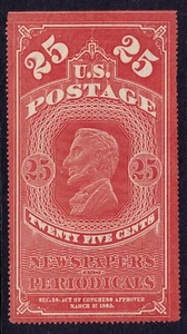 US Scott PR3, 1865 Newspapers Periodicals, 25c red orange, MINT NGAI - Picture 1 of 2