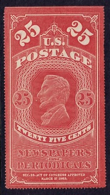 US Scott PR3, 1865 Newspapers Periodicals, 25c red orange, MINT NGAI - Image 1 of 2