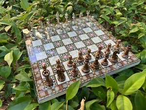 Wooden Chessboard with Classic Metal Chess Pieces / Handmade Chess Game Gift Set - Picture 1 of 10