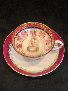 Vintage Germany Hand Painted Fine Porcelain Mini Tea Cup w/ Portrait & Saucer - Bild 1 von 11