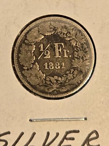 1881 SWITZERLAND 1/2 FRANC - RARE EARLY DATE SILVER Coin - lot #Y26 - Picture 1 of 2