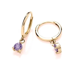 9ct Yellow Gold Amethyst Hinged Sleeper Drop Hoop Earrings - February Birthstone - Picture 1 of 7