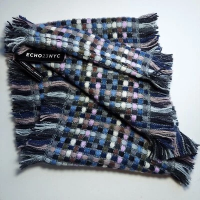 Echo23NYC Macy's Infinity Scarf Woven Basketweave Fringe Blue Pink Multicolored - Image 1 of 3
