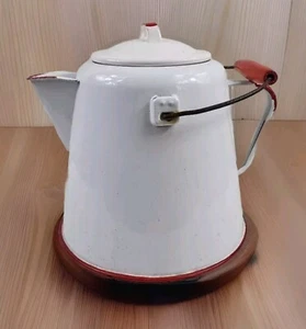 Cafetera esmaltada roja blanca Country Farm Fogata Primitive Pioneer - Imagen 1 de 17