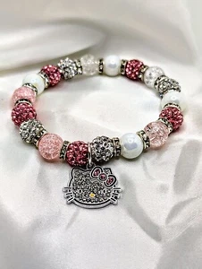Hello Kitty Rhinestone Beaded Porcelain Pearl Crystal Bracelet - Picture 1 of 3