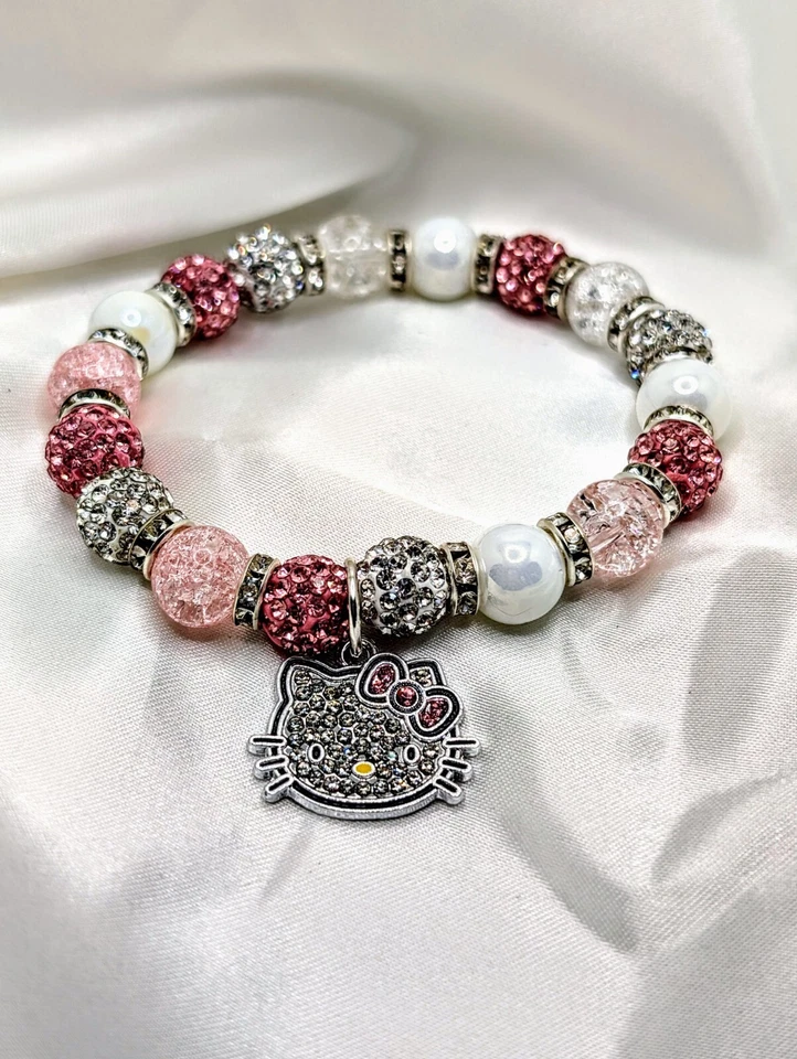 Pulsera Hello Kitty de cristal de perlas de porcelana con cuentas de diamantes de imitación Foto 1 de 3