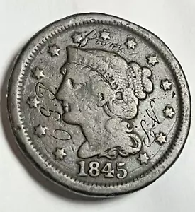 1845 U.S. Mint Large One Cent 1C Copper Penny, LOVE TOKEN/GIFT, Hand Engraved - Picture 1 of 6