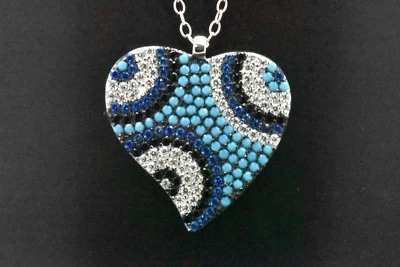 Handmade 925 Sterling Silver Pave Blue Sapphire Turquoise Heart Pendant Necklace - Image 1 of 4