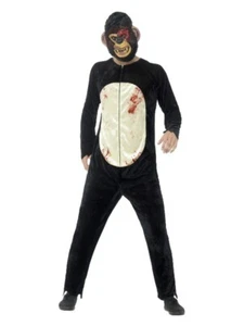 Zombie Chimp Costume & Mask Halloween Fancy Dress Deluxe Adult Black Fake Blood - Picture 1 of 24