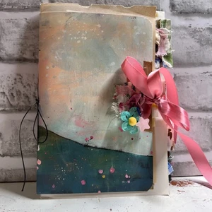 Handmade Junk Journal, Mixed Media Art Journal w Fabric Tie and Beaded Dangle - Picture 1 of 10