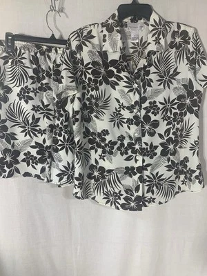 Nuevo con etiquetas Pantalones Cortos Susan Graver Cuello Abotonado Marrón Blanco Estampado Floral Animal 2 Piezas S  Foto 1 de 4