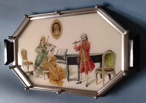 Art Deco Tablett mit Hinterglasmalerei - Musikalisches Trio - um 1920 - Bild 1 von 11