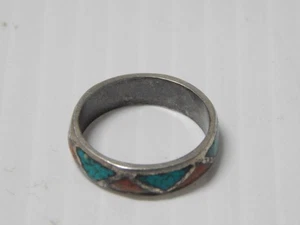 VINTAGE NAVAJO STERLING SILVER TURQUOISE + CORAL band RING sz:8 1/4 BUY IT NOW - Picture 1 of 3