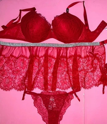 Victoria's Secret 32DDD, 34DDD, 36DDD CONJUNTO SUJETADOR + liga + braguita ROJO encaje CORREA BRILLANTE Foto 1 de 4