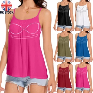 Women's Loose Camisole Top with Built in Padded Bra Flowy Pleated Tank Cami Top - Picture 1 of 52