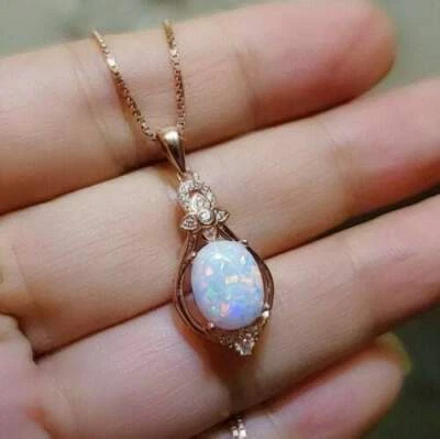 Real Fire Opal 1.50Ct Oval Cut Solitaire Pendant 14K Rose Gold Plated Silver - image 1 of 4